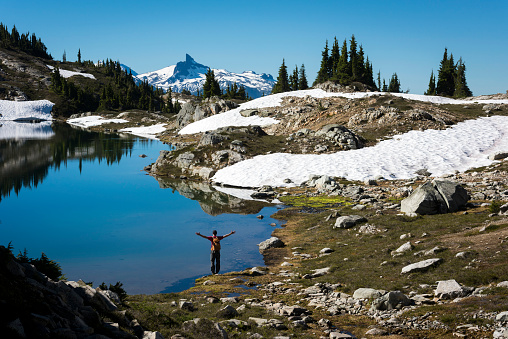Canada's top tourist destinations. Alpine Lake on Sproatt Mountain with Black Tusk in the background.