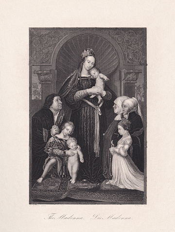 Darmstadt Madonna, with donor portraits (or The Madonna). Steel engraving after an oil painting (1526/28) by Hans Holbein the Younger (German-Swiss painter, c. 1497 - 1543) in the Sammlung Würth, Johanniterkirche, Schwäbisch Hall, Germany (copy in Dresden by Bartholomäus Sarburgh in 1635/37), published in 1863.