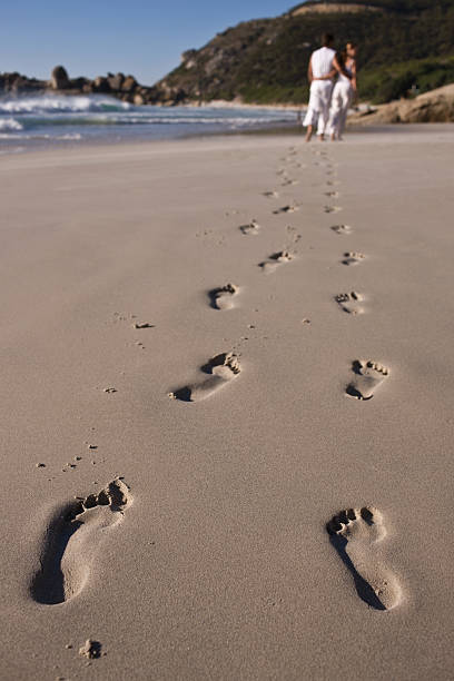 Closeup of foot marks with young couple walking in background