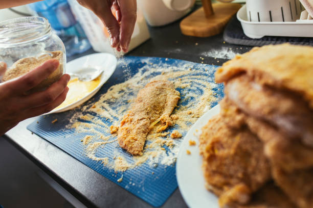 Close-up of making schnitzel