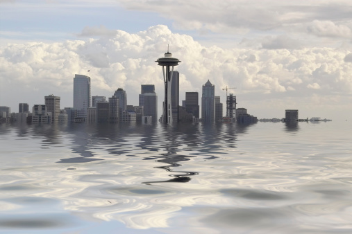 An apocalyptic view of Seattle sunken into Puget Sound.