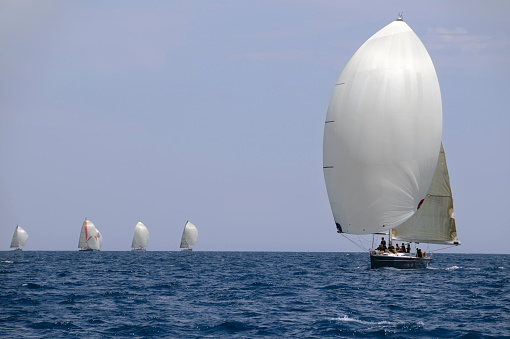 Sailboats with spinnakers during a sailing competition.  