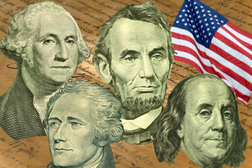Four of our countries men who fought for the freedom we enjoy today, Washington, Hamilton, Lincoln, and Franklin. Countless others, including Thomas Jefferson are not shown, but certainly, not forgotten. These images, along with that of our flag, are shown resting on a copy of The Declaration of Independence.