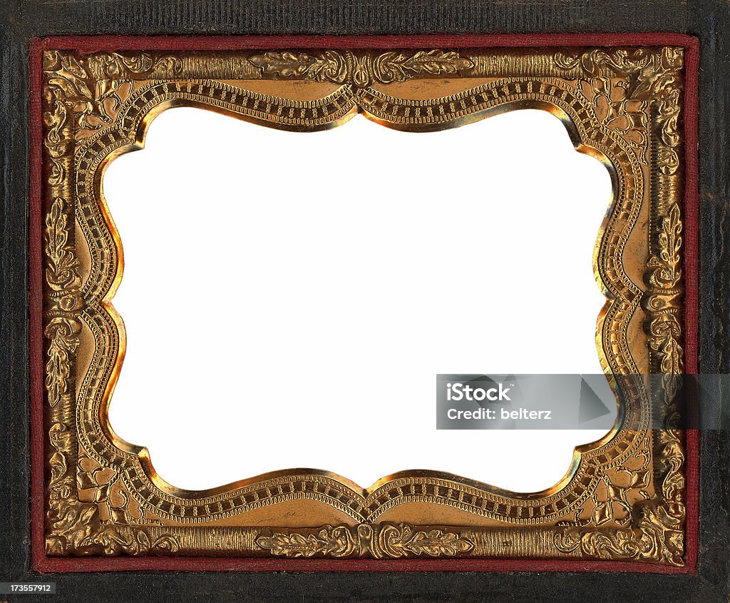 tintype frame antique golden frame from a folding pocket sized photograph/Daguerrotype holder with canvas surround metal is probably tin Border - Frame Stock Photo