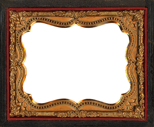 tintype frame antique golden frame from a folding pocket sized photograph/Daguerrotype holder with canvas surround metal is probably tin georgian style photos stock pictures, royalty-free photos & images