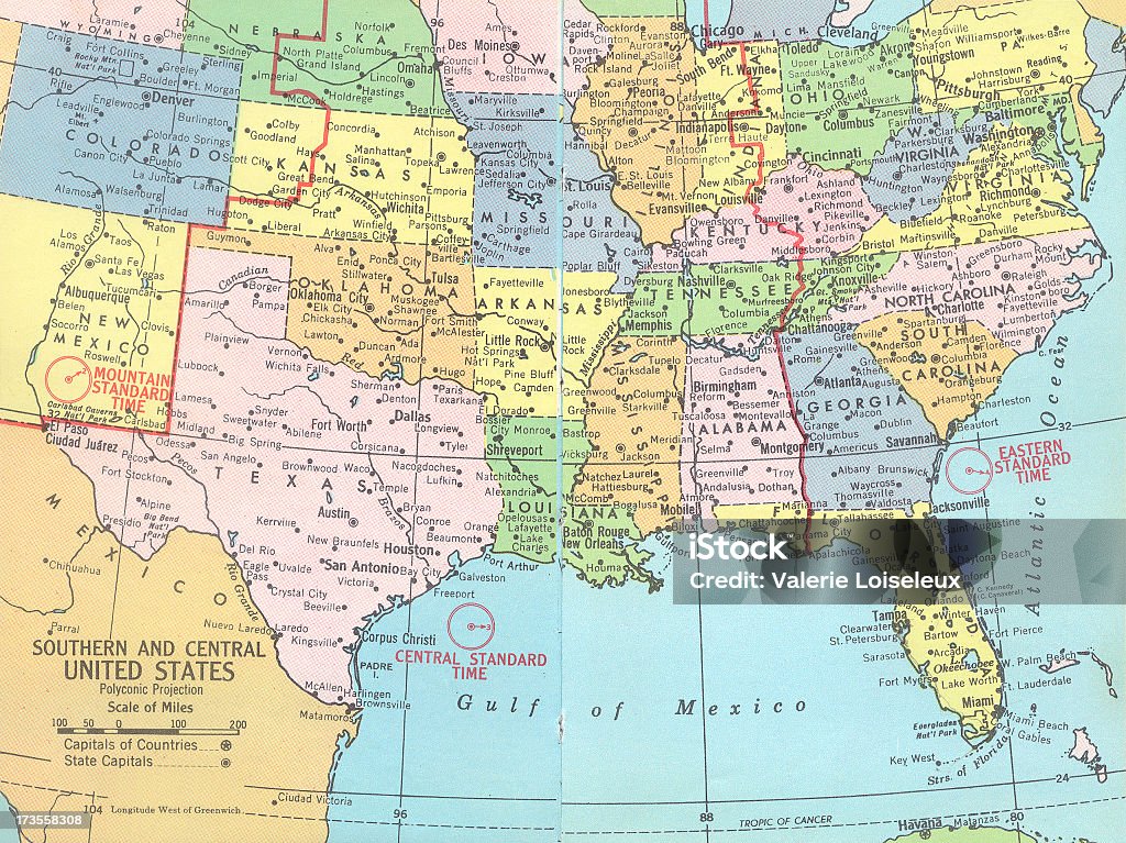 Southern and central United States map Southern and central United States map with gulf of mexico and atlantic ocean. Map Stock Photo