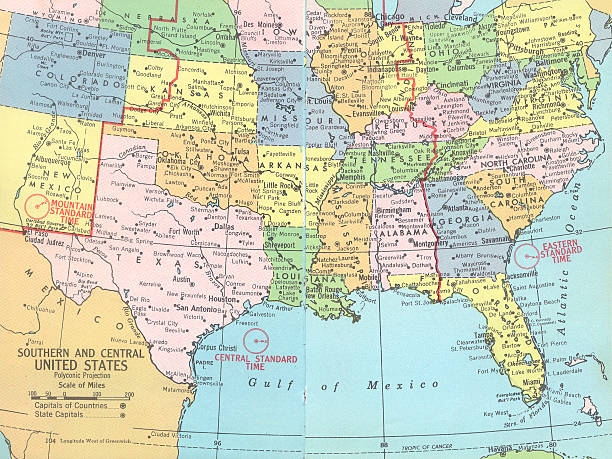 Southern and central United States map Southern and central United States map with gulf of mexico and atlantic ocean. arkansas kansas stock pictures, royalty-free photos & images
