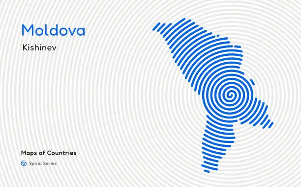 Vector illustration of Isolated abstract spiral vector hatched map of Moldova on a white background.