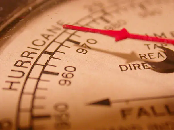 A close up of a barometer pointing towards the hurricane setting.