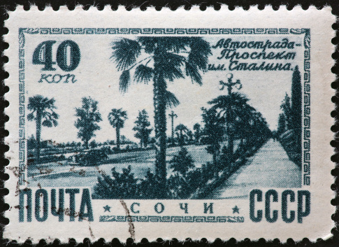 tropical boulevard on an old Russian stamp.