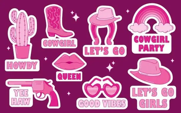 Vector illustration of Retro pink cowgirl stickers set. Set of wild west stickers in pink color. Retro pink hat, flower, heart, revolver, glasses, horseshoe, guitar, lips, rainbow, bow, boots