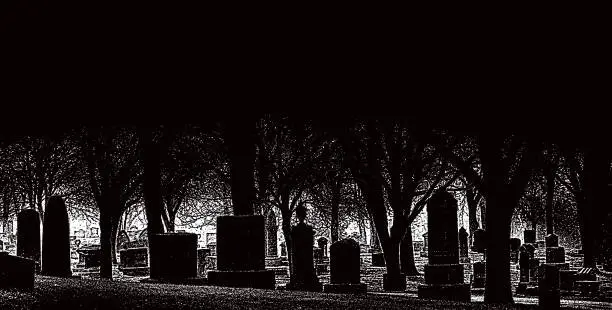 Vector illustration of Spooky cemetery at night with Glitch Technique