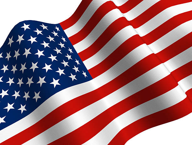 A CGI US flag waving on a white background stock photo