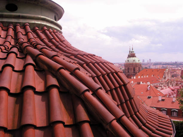 A view downtown prague over a nice round roof.