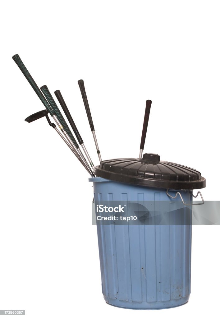 Frustrated? Golf clubs in trash can. Garbage Stock Photo