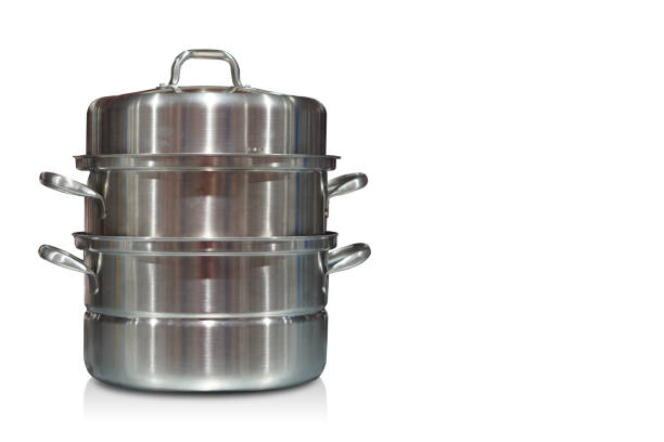 istock front view two layer stainless steel pot with lid on white background, object, retro, kitchen, fashion, copy space 1735616990