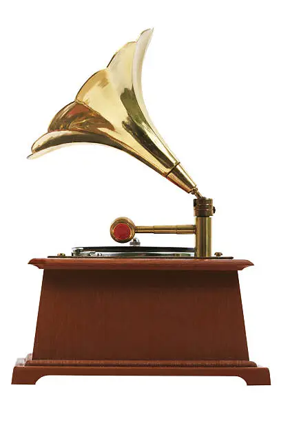 Gramophone style Grammy Award isolated on white.