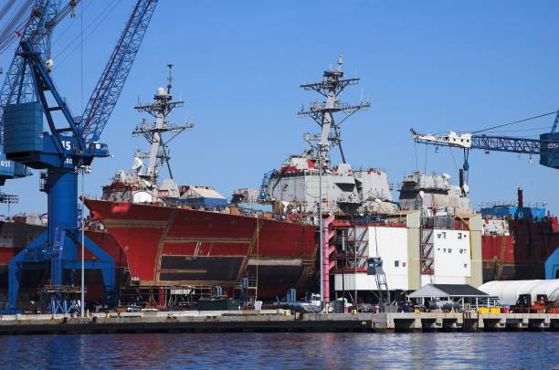 Large ships and cranes at sea port stock photo