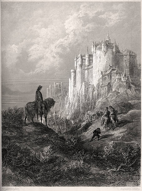 To Camelot Vintage engraving showing the journey Edyrn, his Lady and dwarf to the court of King Arthur. arthurian legend stock illustrations