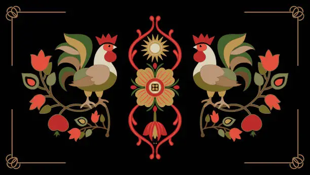 Vector illustration of Two roosters, symmetrical ornament. Decorative roosters sitting on branches with leaves, fruits and flowers. Illustration for embroidery, stickers, stained glass, print, poster, applique