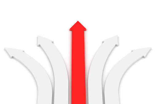 Graph going up and red arrow, Bar graph with arrow, Business concept. 3D illustration