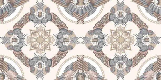 Vector illustration of Church Orthodox seamless pattern with the image of Seraphim. Orthodoxy, religion, background. Neutral colors. Vector clipart