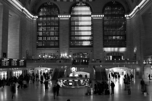 View of grand central station in b&w