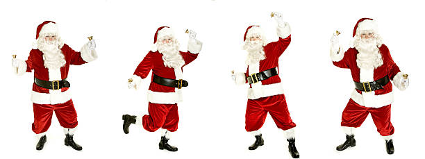 Dancing Santa with bell isolated on white stock photo