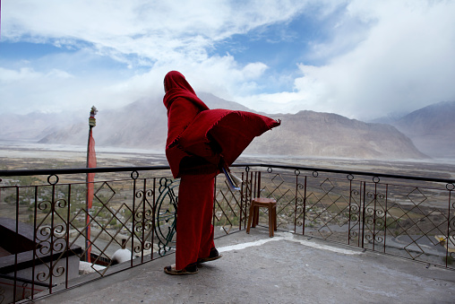 Nubra valley. Ladakh.India-mayo 05 2016: Diskit Monastery also known as Deskit Gompa or Diskit Gompa is the oldest and largest Buddhist monastery (gompa) in Diskit, Nubra Valley of the Leh district of Ladakh.[1][2] It is 115 km north of Leh.

It belongs to the Gelugpa (Yellow Hat) sect of Tibetan Buddhism and was founded by Changzem Tserab Zangpo, a disciple of Tsong Khapa, founder of Gelugpa, in the 14th century.[3][4] It is a sub-gompa of the Thikse gompa.