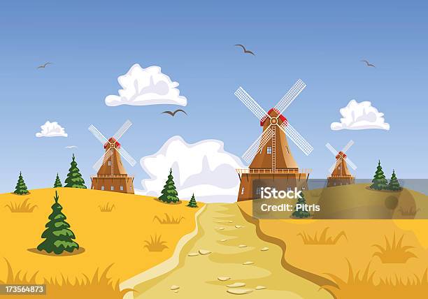 Ilustración de Paisaje Con Molinos De Viento En El Fondo y más Vectores Libres de Derechos de Agricultura - Agricultura, Ajardinado, Alimento