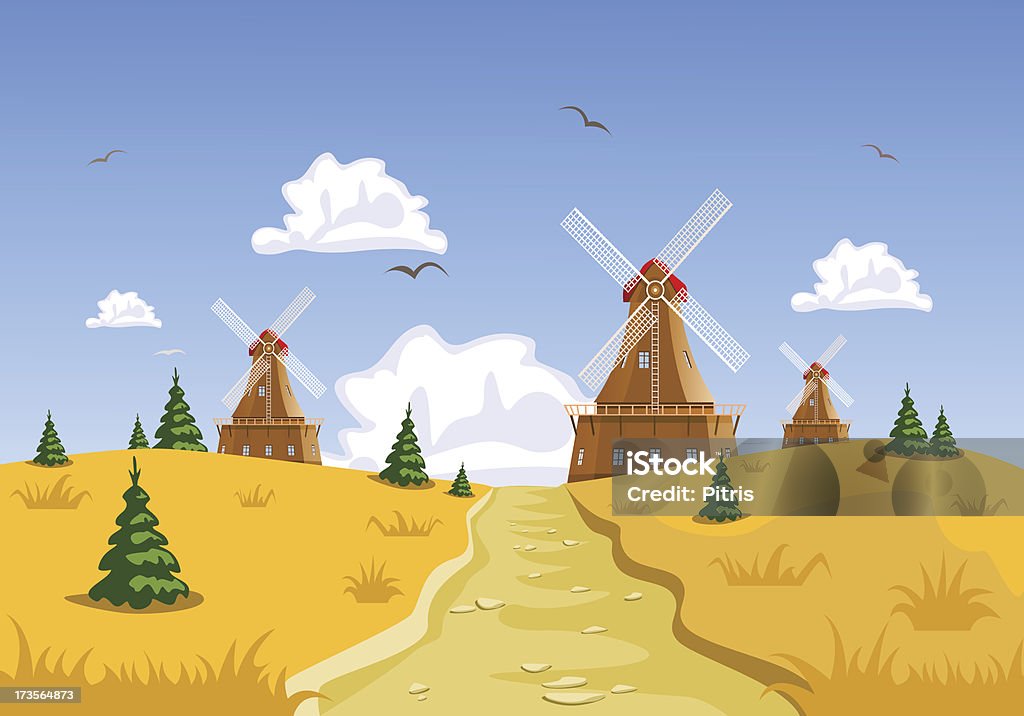 Paesaggio con Mulini a vento in background - arte vettoriale royalty-free di Agricoltura