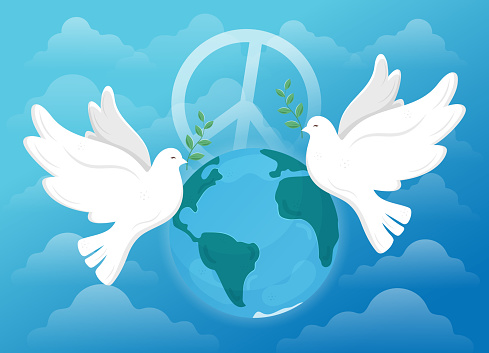 Peace doves, planet Earth art banner design for The International World Peace Day. Symbols of peace and freedom. International Peace Day design