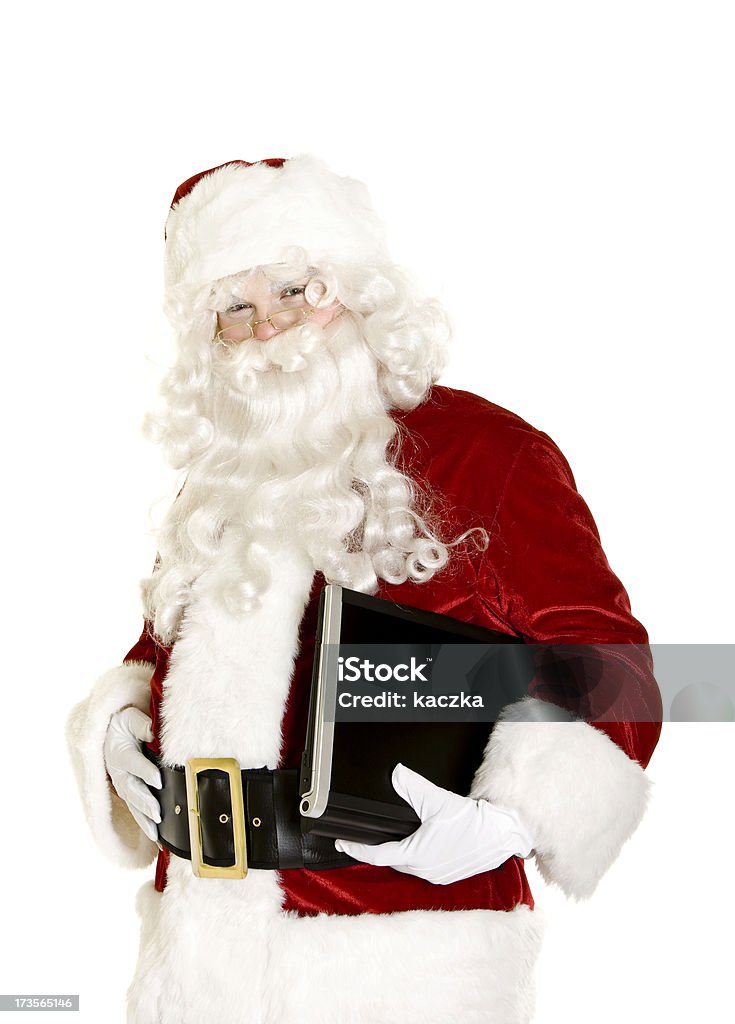 Papai Noel com laptop Isolado no branco - Foto de stock de Adulto royalty-free