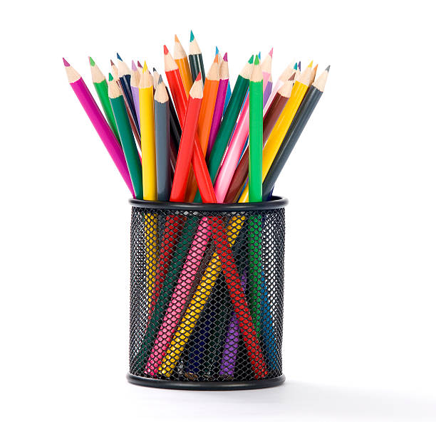 Color Pencils Color pencils in pencil tray on white background. coloured pencil stock pictures, royalty-free photos & images