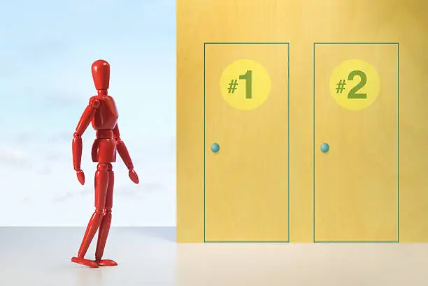 One figure stands in front of two numbered doors.
