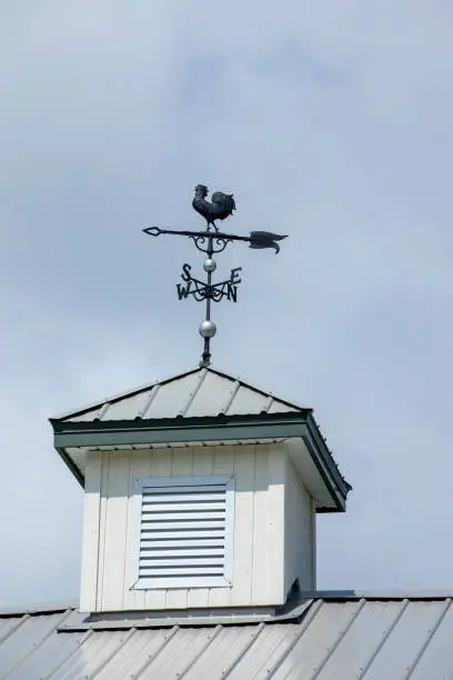 Weather vane in the shape of a rooster on the roof against the blue sky. Canada