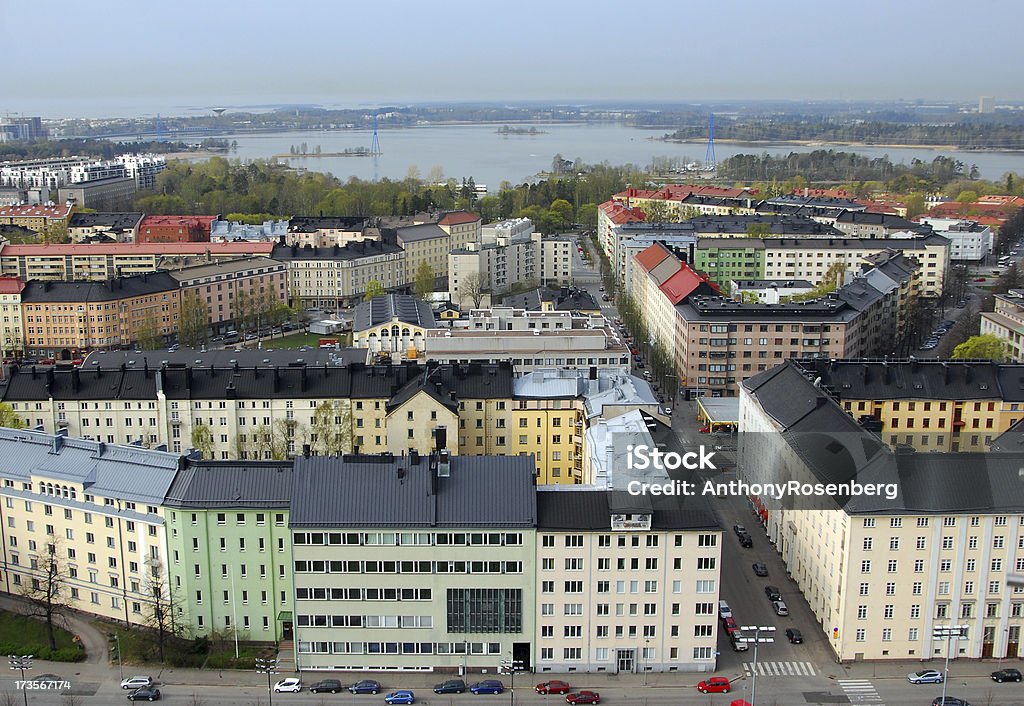 Helsinki and beyond "A view of Helsinki, Finland on a hazy day from above looking down on colourful rooftops and architecture.  The Gulf of Finland is in the background.See also" Helsinki Stock Photo