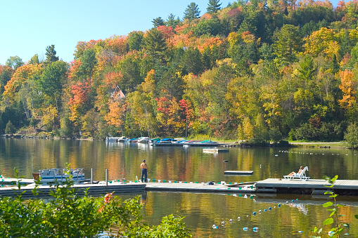 Autumn in Muskoka with lake and dock in foreground. Picture has pastel post card look to it. Zoom in and have a closer look. Very 1940's and 50's feel. We have many other Muskoka images in our portfolio.