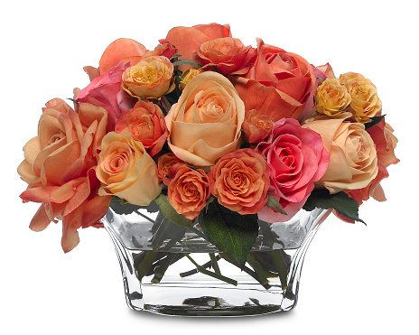 Salmon and Pink Roses in flared glass vase with shadow/reflection. The image has an embedded path to delete the shadow if desired. This arrangement was shot against a bright white background. Extremely high quality faux flowers.