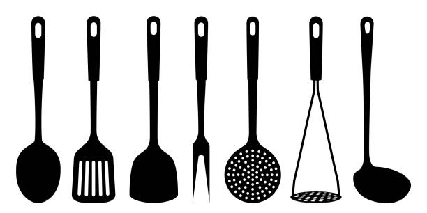Set of soup ladle and slotted spoon, kitchen Spatula, Potato Masher, Skimmer Spoon, meat fork, large spoon, silhouettes of kitchen utensils, isolated on white background. Vector flat design Set of soup ladle and slotted spoon, kitchen Spatula, Potato Masher, Skimmer Spoon, meat fork, large spoon, silhouettes of kitchen utensils, isolated on white background. Vector flat design clip art of a potato masher stock illustrations