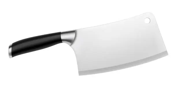 Vector illustration of Chinese chef's knife. Meat cleaver knife with a black handle isolated on a white background. Butcher knife, Realistic 3d render, vector illustration. Professional kitchen utensils. Mock up.