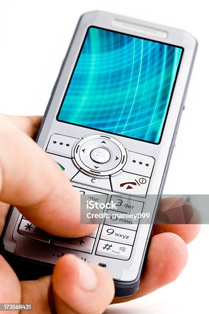 Isolato Telefono Cellulare In Mano Con Strisce Blu - Fotografie stock e altre immagini di Argentato - Argentato, Astratto, Blu