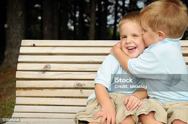 Twin Boys Laughing And Hugging On A Bench Outside Stock Photo - Download Image Now - 2-3 Years, Affectionate, Arm Around