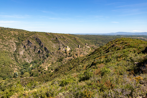 Cathar castles Châteaux de Lastours (in Occitan Lastors) seen from Mont Clergue