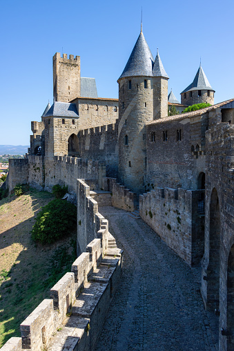 Carcassonne, France - December 08, 2017: View of the Chateau Comtal of the Cite of Carcassonne, France.