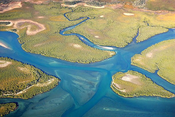 Aerial view of a river mouth and islands