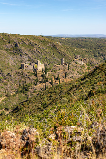 Cathar castles Châteaux de Lastours (in Occitan Lastors) seen from Mont Clergue
