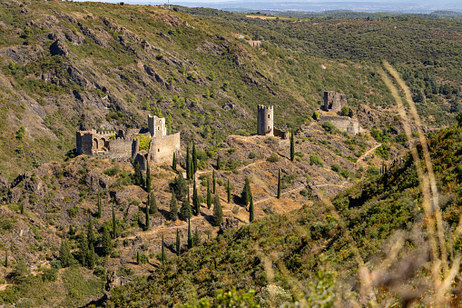 Cathar castles Châteaux de Lastours (in Occitan Lastors) seen from Mont Clergue