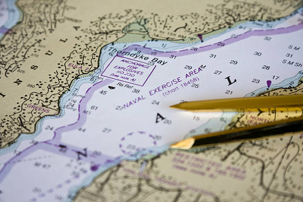 seekarte-detailansicht 4 - nautical chart drawing compass map old stock-fotos und bilder