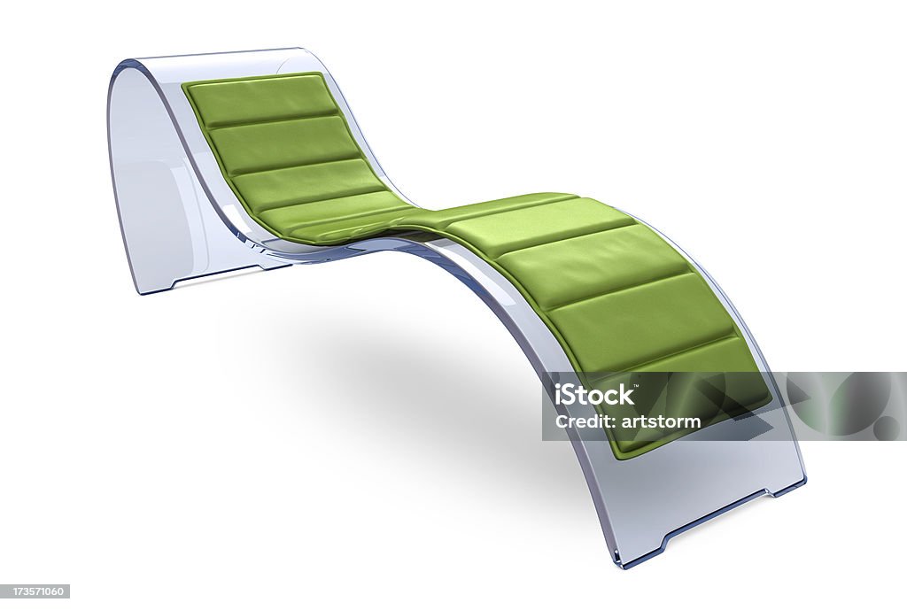 Glass Recliner Chair with Green Cushion A Modern and Stylish Reclining Chair in Acrylic Glass with a Green Cushion on a White Background. With Clipping Path.The Glass Recliner Chair Series: Cut Out Stock Photo